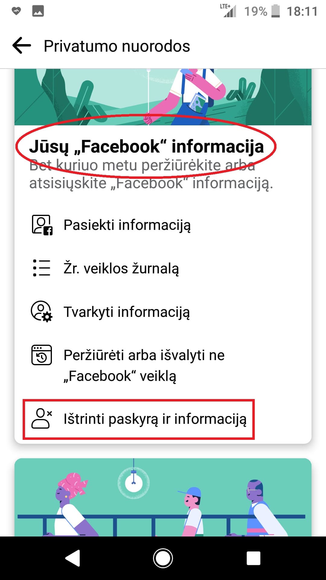 Ištrinti Facebook paskyrą ir informaciją